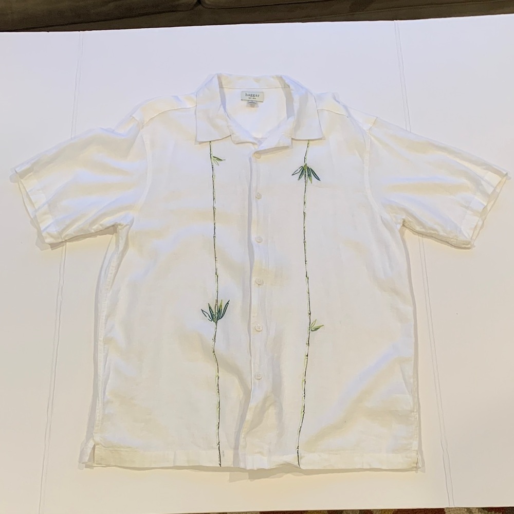Haggar Men’s XL Extra Large Linen Blend White Short Sleeve Shirt Bamboo Design